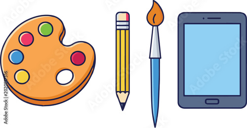 A smartphone rests beside a paintbrush, pencil, and color palette on a table indoors.