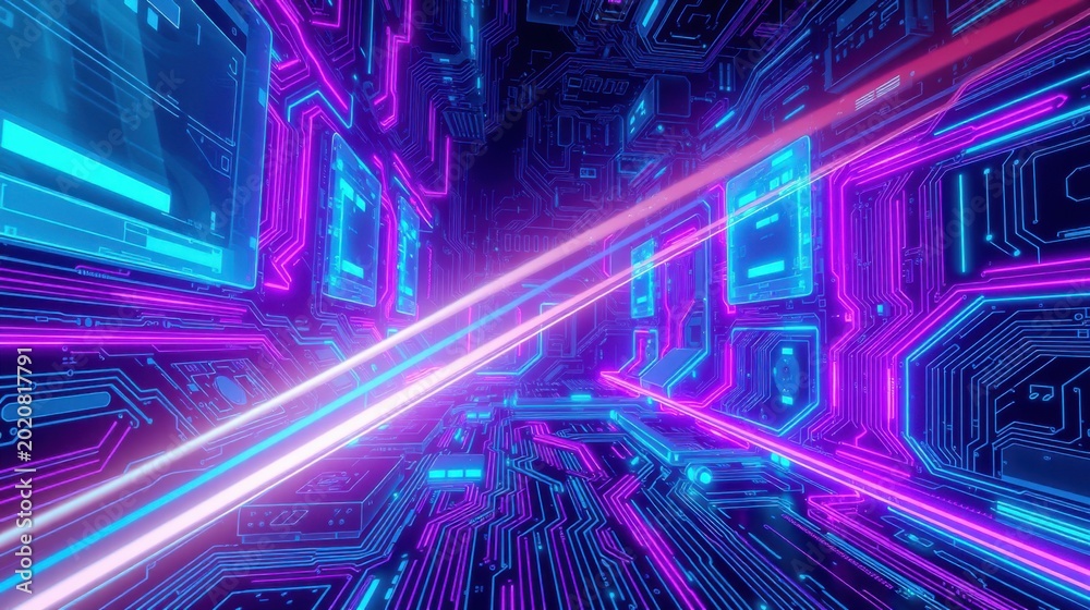 Fototapeta premium Futuristic digital corridor. Bright neon lines create complex network. Intense perspective draws viewer inward. Vivid colors dominate space.
