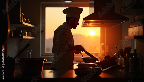 Chef expertly cooking in evening kitchen silhouette, culinary artistry
