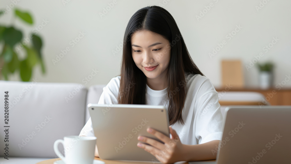 Fototapeta premium Digital Serenity: A young woman immersed in her digital world, focused on her tablet, capturing a moment of technology integrated into modern lifestyle.
