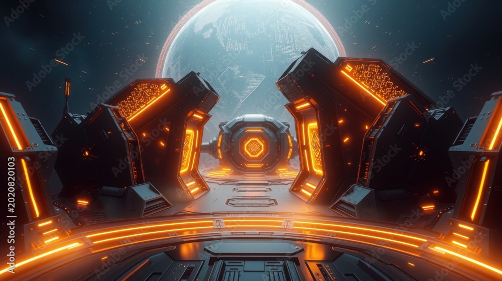 Fototapeta premium Futuristic spaceship interior. Bright orange lights illuminate sleek metallic corridors. Distant planet visible through opening. Dramatic perspective.
