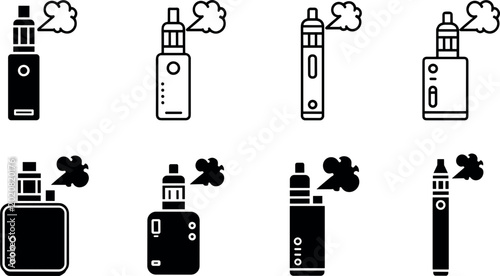 Fotografie Vape Device Icon Set Electronic Cigarette and Vaporizer Collection with Smoke El