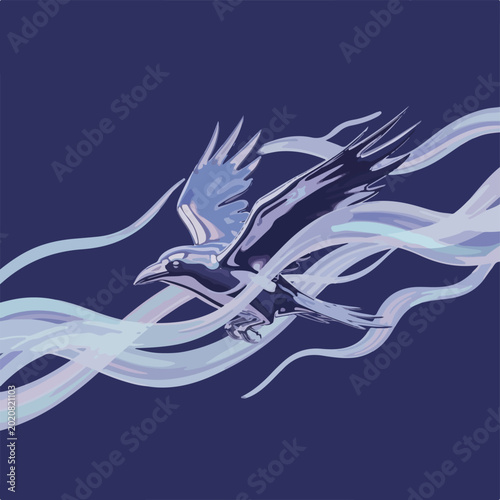 Bird in flight with flowing ribbons on dark blue background