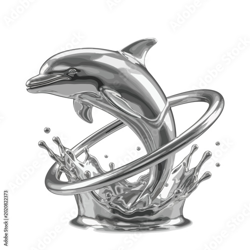 Dolphin jumping through silver hoop with water splash