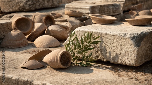athenian. Ancient pottery shards and an olive branch on sun-drenched stone ruins. gardening catalogs, home-decor guides, designed for home decor and floral branding.
