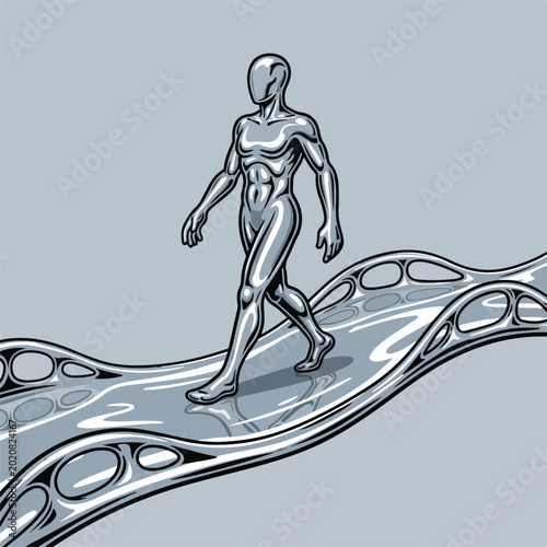 Human figure walking on a wavy metallic surface with bubbles