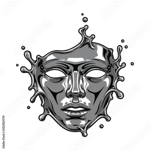 Melting Face with Liquid Metal Droplets on White Background