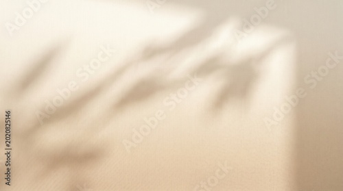 Beige textured wall with subtle plant shadows, minimalist aesthetic, natural light effect, neutral background, serene, calming design.