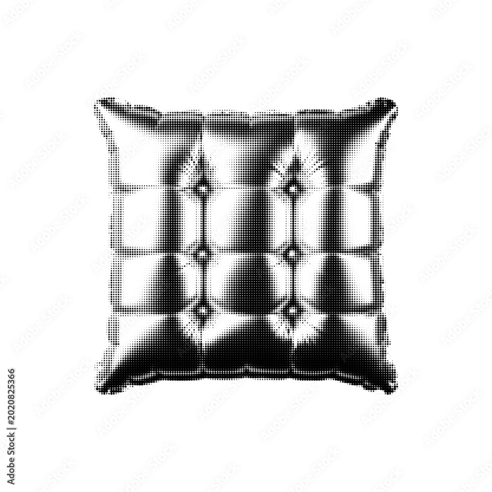 Fototapeta premium Luxury tufted pillow illustration in monochrome halftone style isolated on light background. Decorative cushion with retro engraving texture.