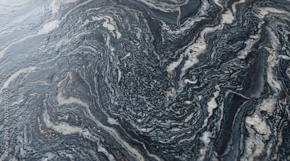 Fototapeta premium A close-up view of a polluted water surface with oil slicks