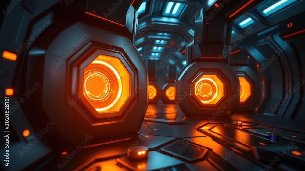 Fototapeta premium Futuristic corridor. Orange lights illuminate dark metallic walls, creating intense depth. Geometric shapes dominate space.