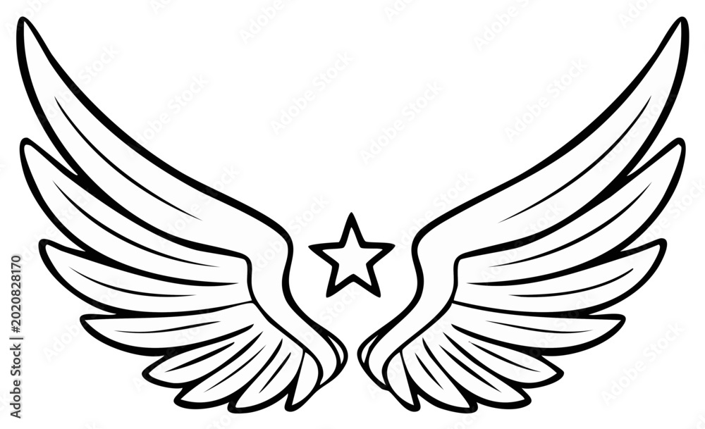Fototapeta premium Stylized angel wings with a star emblem vector illustration
