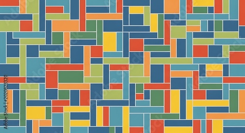 Abstract Geometric Pattern with Colorful Rectangles and Squares.