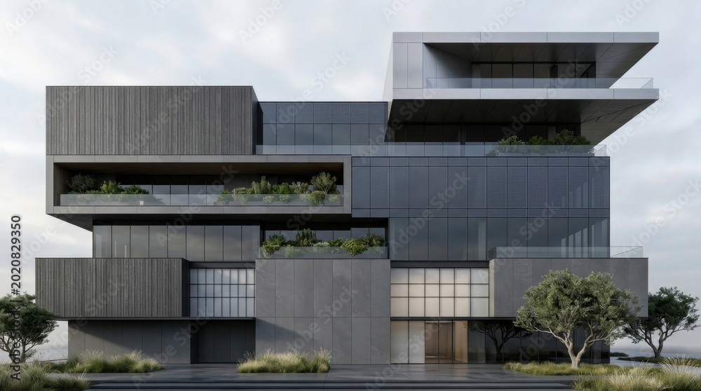 Obraz premium modern concrete office building with rooftop gardens and futuristic design