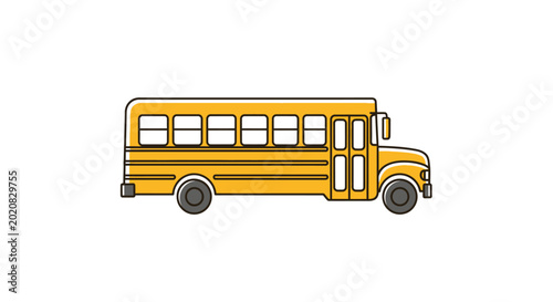 Classic yellow school bus illustration, side view, isolated on white background