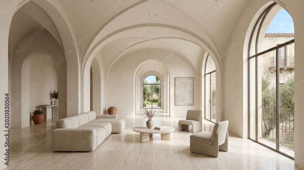 Fototapeta premium luxury modern living room with arched windows and neutral decor