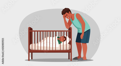 Photos Tired father, sleeping baby, crib scene, parenthood, family life, vector illustr