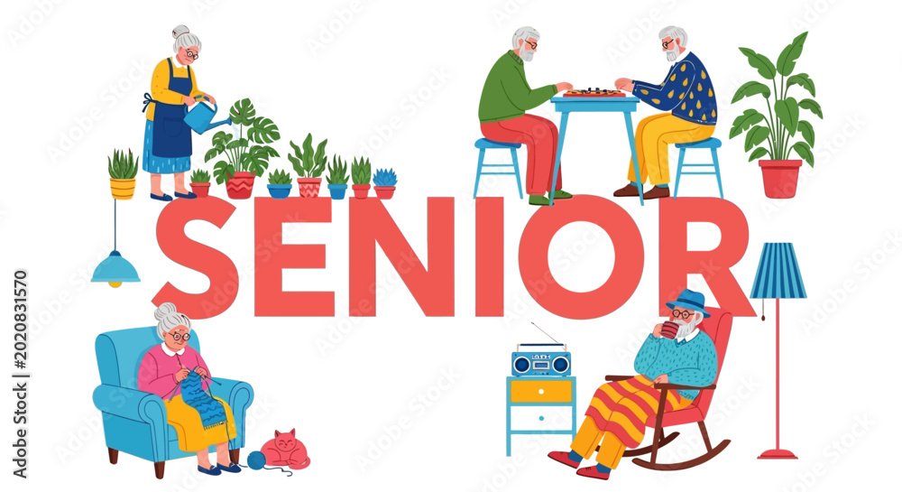Fototapeta premium Senior citizens, elderly people, retired adults, colorful illustration, vector graphics