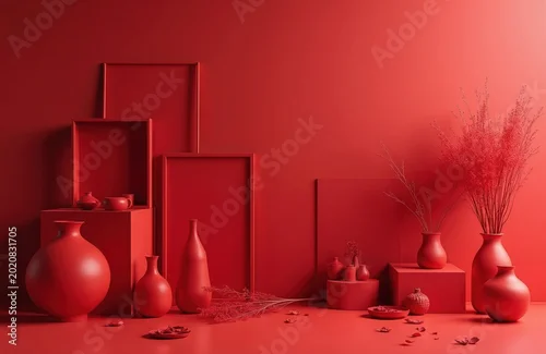Panel kuchenny z motywem Minimalist interior setup with red vases, decorative objects. Modern arrangement features various red ceramic pots, frames. Abstract composition uses monochromatic shades for interior design