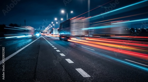 Fast moving semi trucks driving on a highway at night with long exposure light trails
