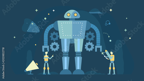 Fotografie vector illustration of a large robot being assembled by smaller robots in a futu