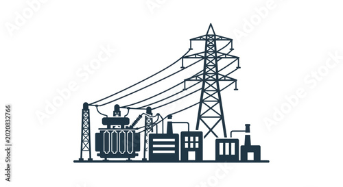 Industrial power substation with transformer and transmission tower, electricity grid infrastructure