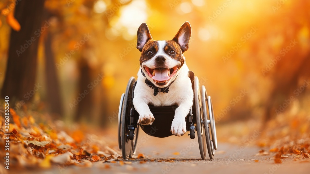 Naklejka premium Happy dog in wheelchair enjoying autumn park.