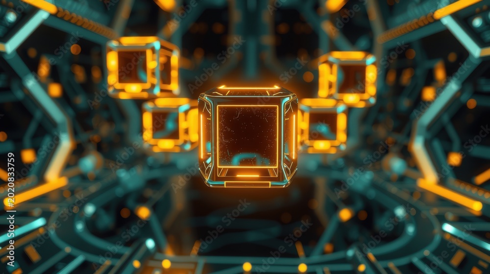 Fototapeta premium Futuristic tunnel with glowing orange cubes. Complex geometric patterns create depth, dark background enhances illumination.