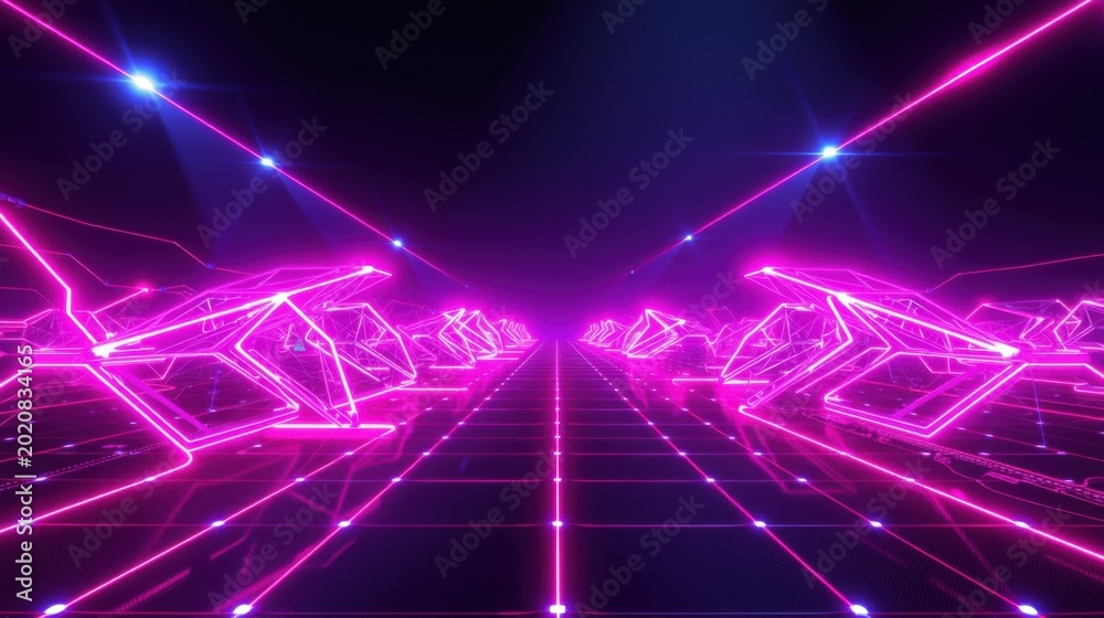 Fototapeta premium Neon grid extends into darkness. Bright pink lines create tunnel effect. Futuristic, digital aesthetic dominates scene. Stars sparkle above.