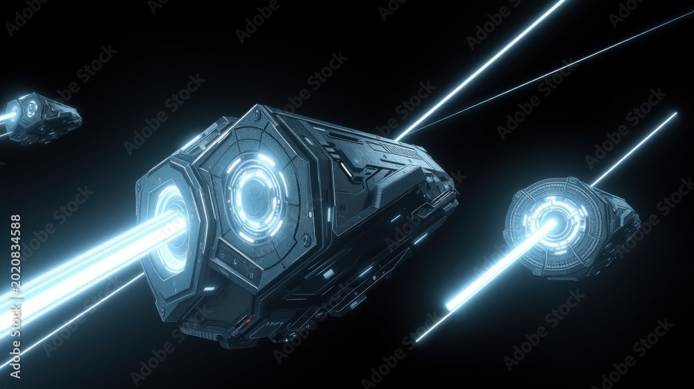 Fototapeta premium Futuristic spacecrafts travel fast through dark space. Bright energy beams emanate from vessels. Dramatic lighting creates intense scene.