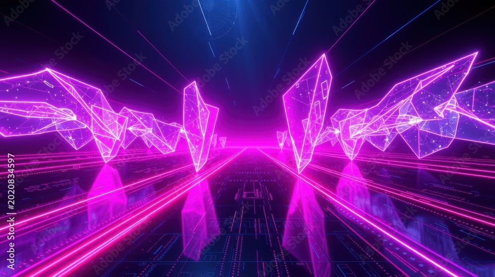 Fototapeta premium Neon landscape. Futuristic tunnel with glowing polygonal structures. Dark background creates vibrant visual effect. Digital art style.