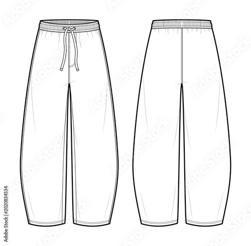 Basic Barrel Leg Lounge Pants Technical Fashion Illustration. Unisex Sweatpants Vector Template. Front and Back View. Elastic Drawstring Waistband. Relaxed Fit. Clean Minimal Design. CAD Mockup Set.