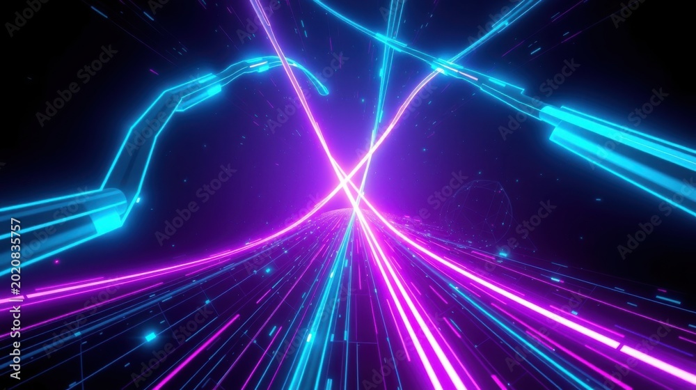 Fototapeta premium Neon lights converge, creating futuristic tunnel effect. Bright lines radiate from central point, forming dynamic composition.