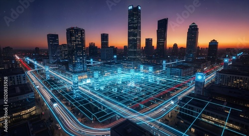 Futuristic cityscape with glowing digital network lines during twilight with vibrant sky and car light trails