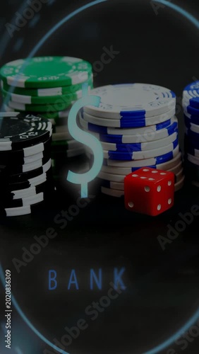 Vertical video: Casino chips responding to pulsing hologram, die settling, highlighting BANK