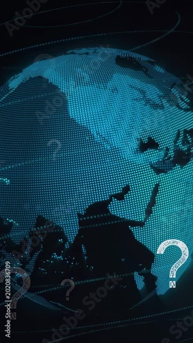 Vertical video: Pulling back showing dotted globe tilting and queries appearing signaling doubt