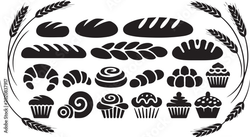 Bild auf Leinwand Assorted black and white bakery items icon set