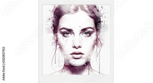 Watercolor portrait of a young woman with freckles, featuring purple and maroon ink splashes on a white background, in a polaroid frame
