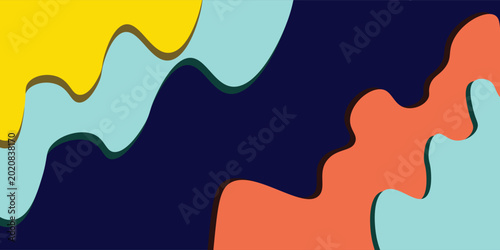 Принти на полотні Abstract background with layered paper-cut shapes in navy blue, teal, orange, and yellow