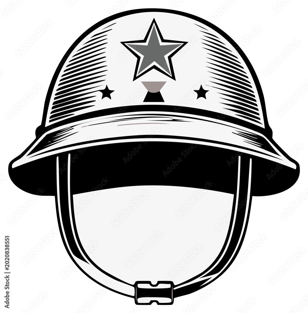 Fototapeta premium War Helmet Illustration with Star Emblem and Chin Strap for Military Use Depicted in Graphic Style