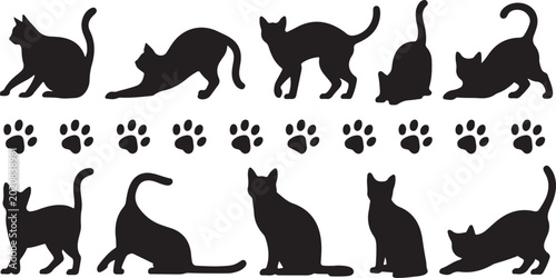 Cuadro en lienzo Black cats in various playful poses with paw prints