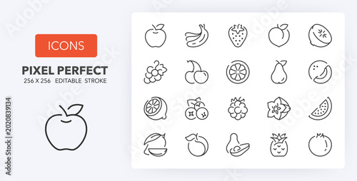 Line icons about fruits. Contains such icons as apple, strawberry, watermelon and more. Editable vector stroke. 256 Pixel Perfect scalable to 128px...