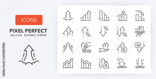 Line icons about increase and decrease. Contains such icons as stock market, profit, launch and more. Editable vector stroke. 256 Pixel Perfect scalable to 128px...