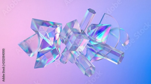 A cluster of abstract geometric shapes and clear crystal prisms floats in mid-air, refracting vibrant iridescent rainbow colors against a soft pink-and-blue gradient background.