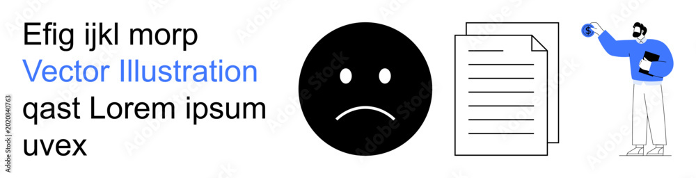 Obraz premium Communication, global connectivity, data sharing, emotions, documentation, teamwork. Black sad face icon, stack of documents man holding a globe. Communication and global connectivity concepts