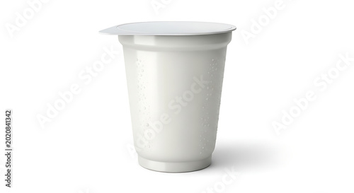 White plastic yogurt cup with a slightly peeled lid and condensation droplets on its surface against a white background