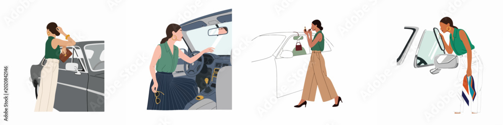 Ταπετσαρία Set of four flat illustrations featuring a fashionable woman in various poses with a car, focusing on style, elegance, and daily life