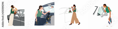 Εκτύπωση καμβά Set of four flat illustrations featuring a fashionable woman in various poses with a car, focusing on style, elegance, and daily life