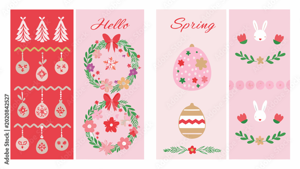Fototapeta premium floral spring greeting card set with easter eggs and bunny illustrations in pastel colors