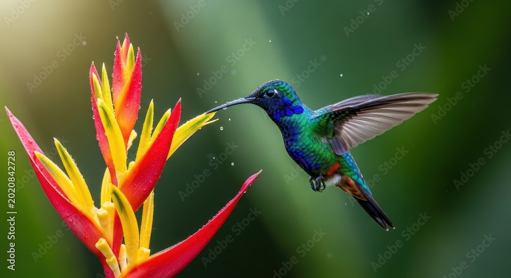 Fototapeta premium Vibrant Hummingbird Sips Nectar from Exotic Heliconia Flower in Lush Tropical Garden.